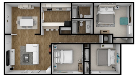 Floor plan for 3 beds, 2 baths, 1250 sqft